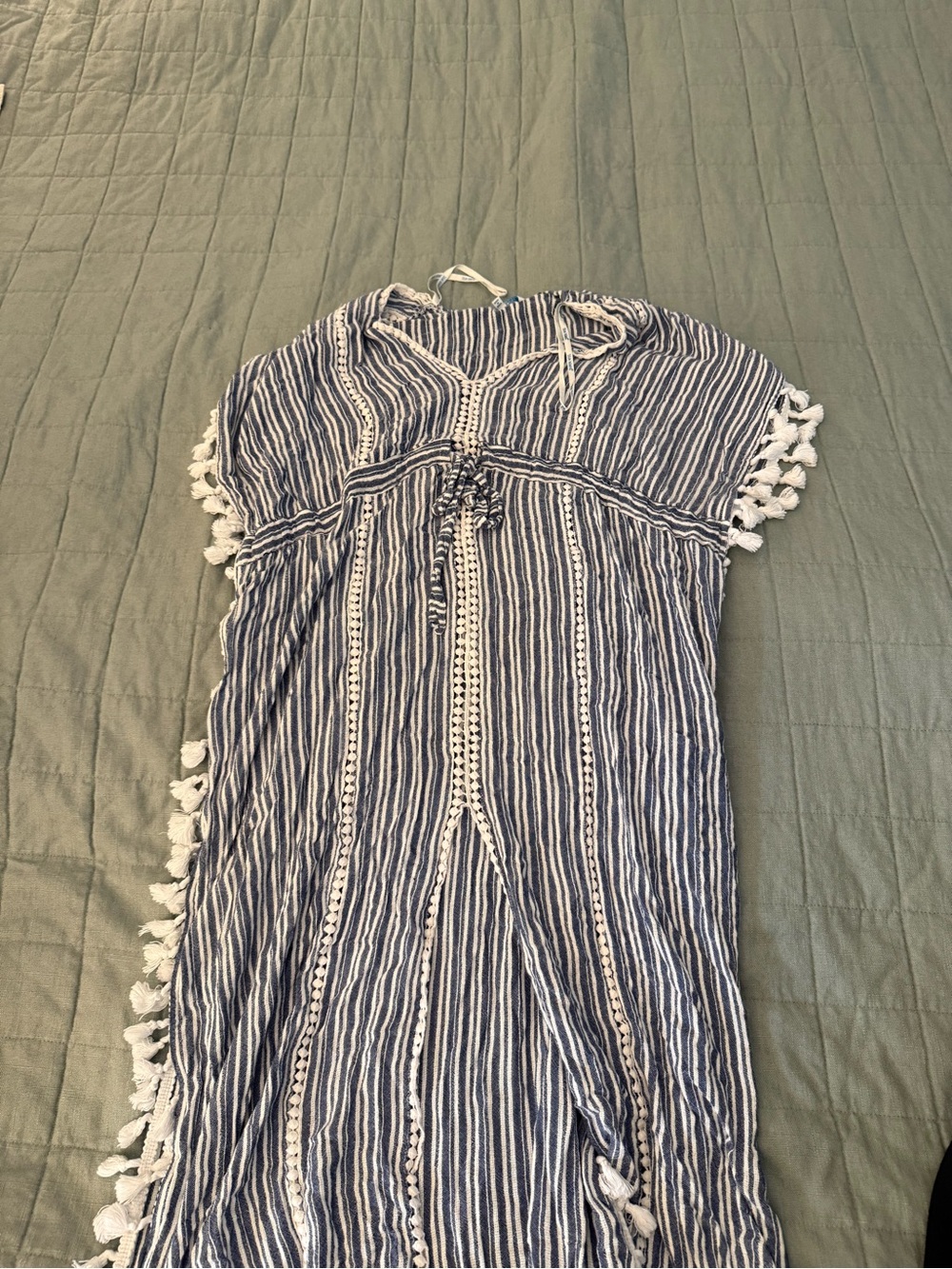 Blue and White Striped Tassel Beach Cover-Up